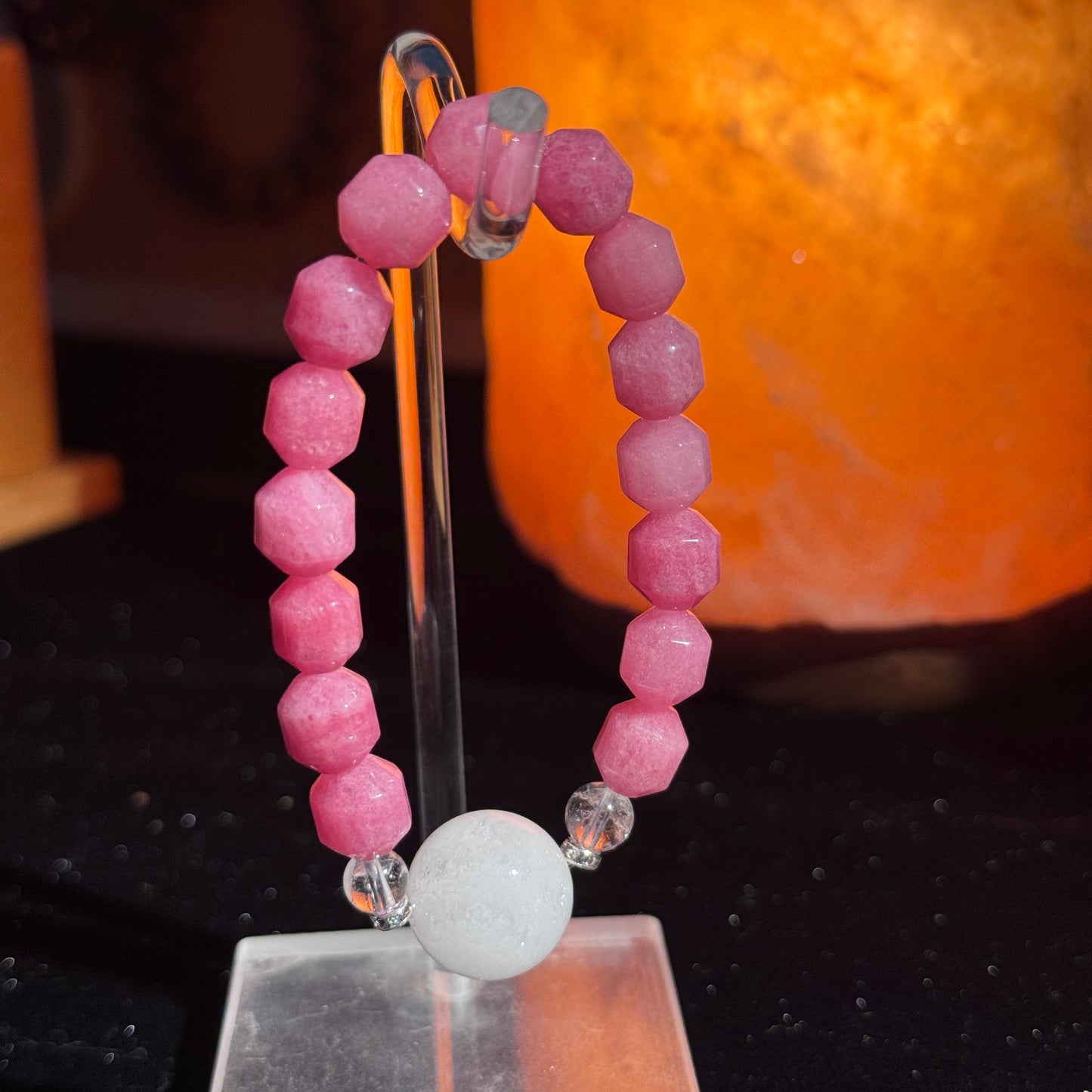 Pink Rose - Good Matchmaking Luck Natural Pink Agate and Crystal Single-Strand Bracelet - Free Shipping to USA & Japan - Relationship Building & Noble Person Attracting Crystal Bracelet