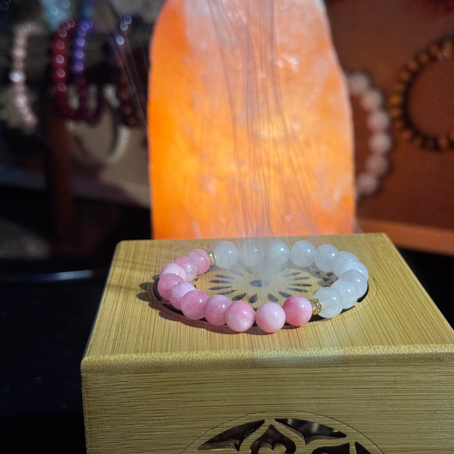 Cherry Blossom Pink Two-Tone Love Luck Natural Pink Agate & White Crystal Single Strand Bracelet - Free Shipping to the US & Japan - Matchmaking & Good Fortune Crystal Bracelet