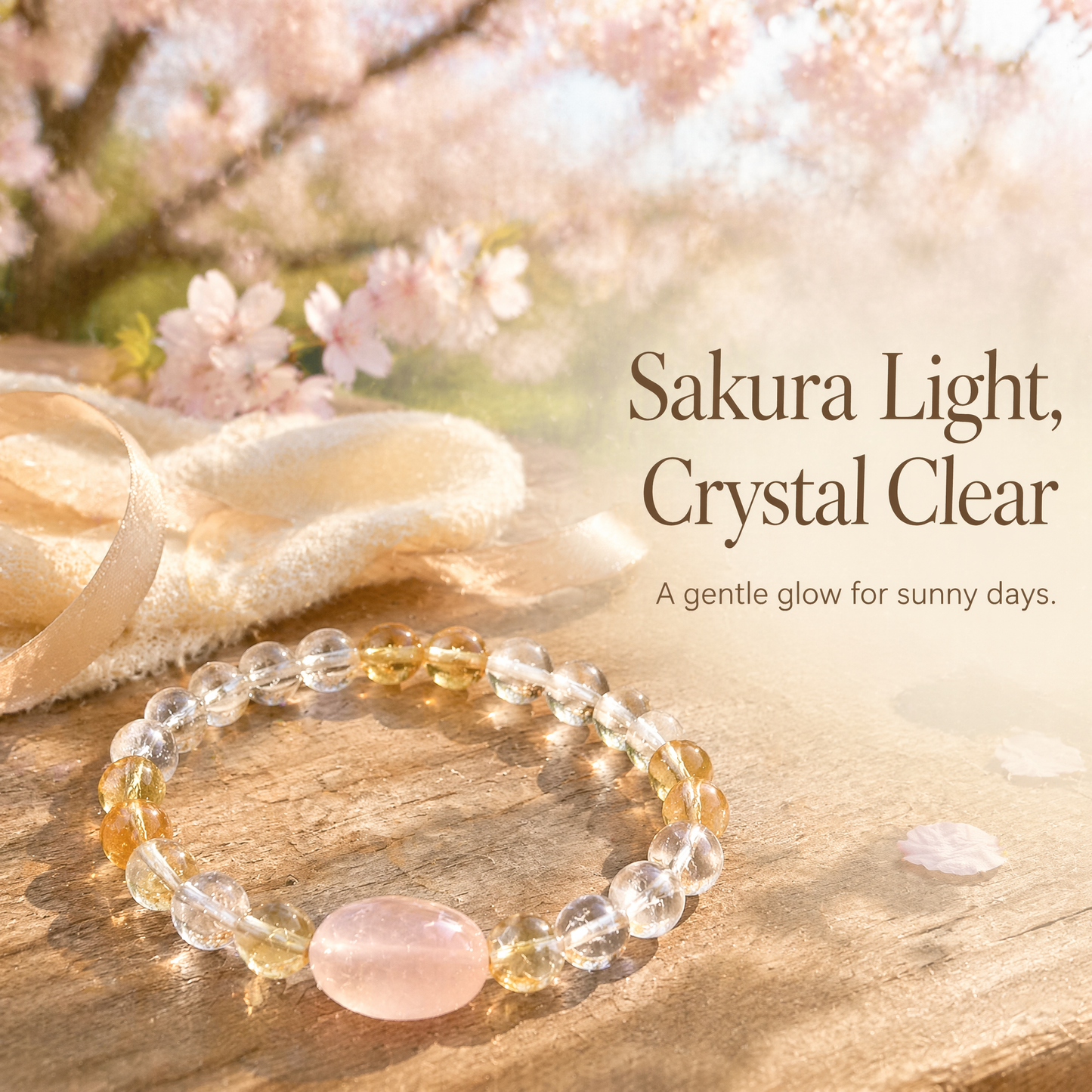 「金の光と桃の花」シトリン×クリスタル×ローズクォーツブレスレット