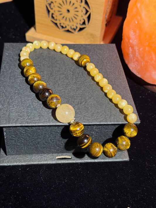 Golden Tiger Brings Wealth Double-Layer Bracelet with Natural Tiger's Eye, Yellow Chalcedony, and Citrine - Free Shipping to USA and Japan - Five Element Wealth Attraction and Zodiac Guardian Lucky Crystal Bracelet