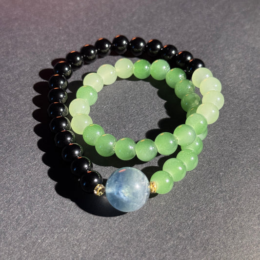 Bi Hai Zhao Cai - Lan Hai Lü Ying Natural Obsidian, Green Chalcedony, Aquamarine Double Bracelet Free shipping to USA and Japan Five Elements Prosperity - Constellation Guardian Crystal Bracelet