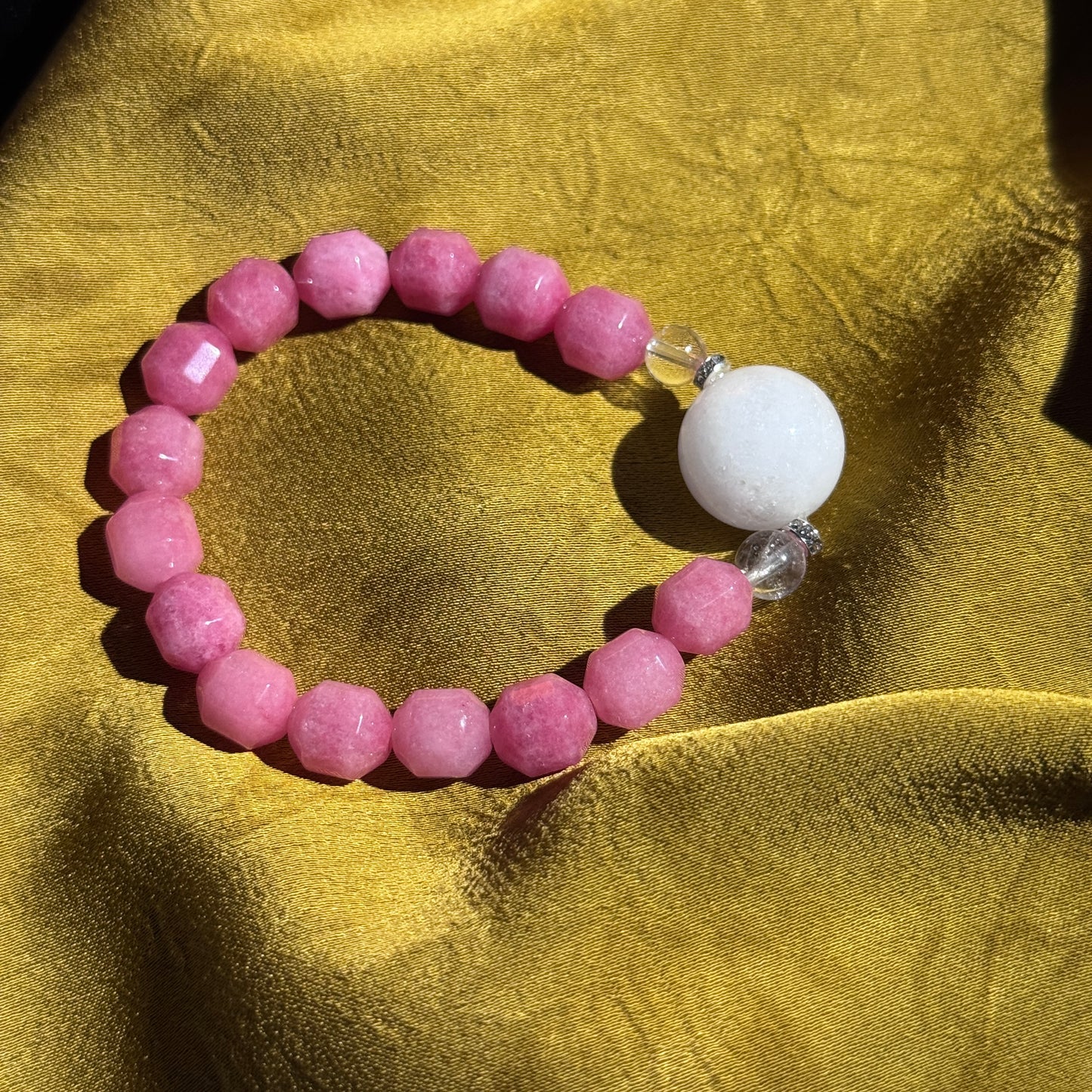 Pink Rose - Good Matchmaking Luck Natural Pink Agate and Crystal Single-Strand Bracelet - Free Shipping to USA & Japan - Relationship Building & Noble Person Attracting Crystal Bracelet