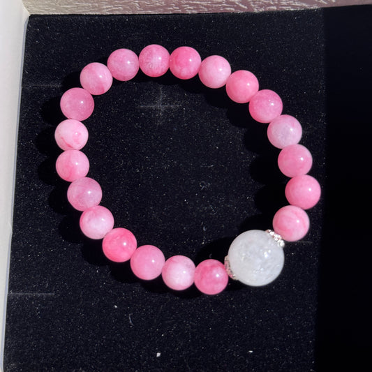 Pink Mist Sakura Good Match & Luck Enhancement, Fortune Reversal Natural Pink Agate & Cracked White Quartz Single Strand Bracelet. Free Shipping to US & Japan. Matchmaking & Noble Person Attraction Charm Bracelet.