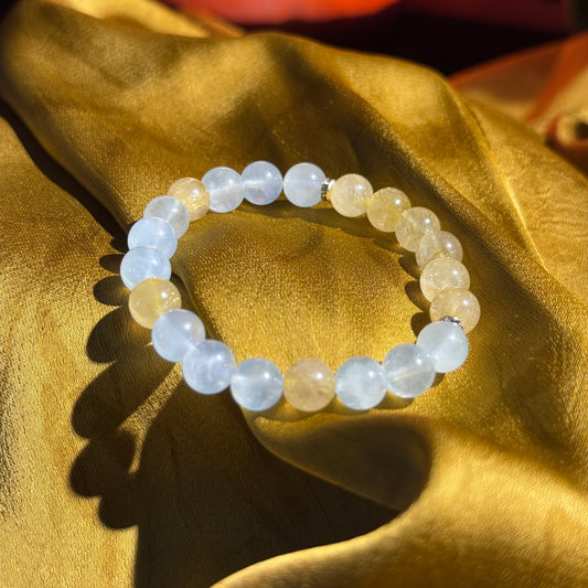 Sea Salt Golden Two-Tone Energy Natural Aquamarine Citrine Single Bead Bracelet (Free Shipping to US & Japan) - Wealth Attraction, Fortune Turnaround, Mind-Body Balance, Healing Crystal Bracelet