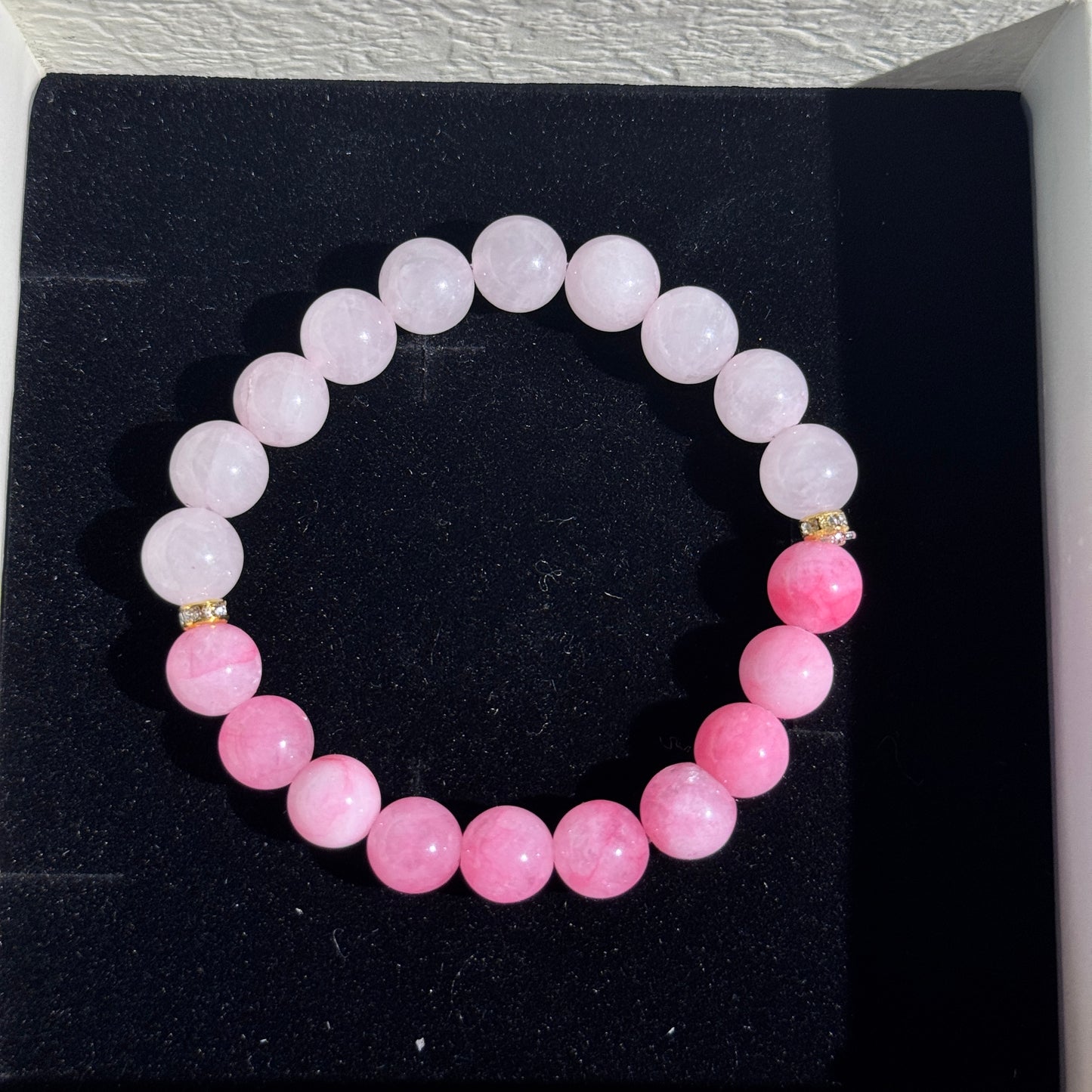 Cherry Blossom Pink Two-Tone Love Luck Natural Pink Agate & White Crystal Single Strand Bracelet - Free Shipping to the US & Japan - Matchmaking & Good Fortune Crystal Bracelet