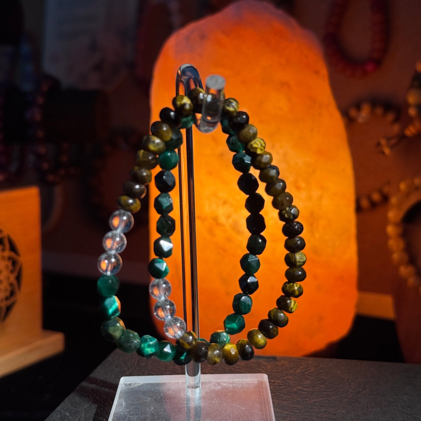 Ink Green Gold Luster Double-Wheel Cut Money-Drawing Natural Tiger's Eye/Green Tiger's Eye Double-Wheel Bracelet. Free shipping to USA and Japan. Five Elements Money Drawing/Business Luck Improvement Crystal Bracelet.