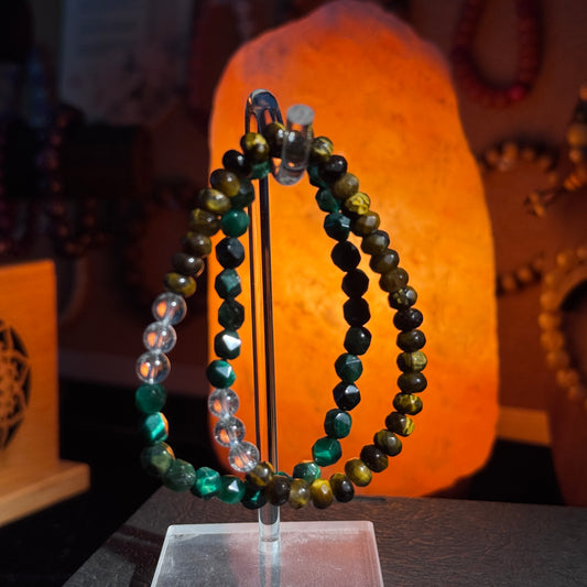Ink Green Gold Luster Double-Wheel Cut Money-Drawing Natural Tiger's Eye/Green Tiger's Eye Double-Wheel Bracelet. Free shipping to USA and Japan. Five Elements Money Drawing/Business Luck Improvement Crystal Bracelet.