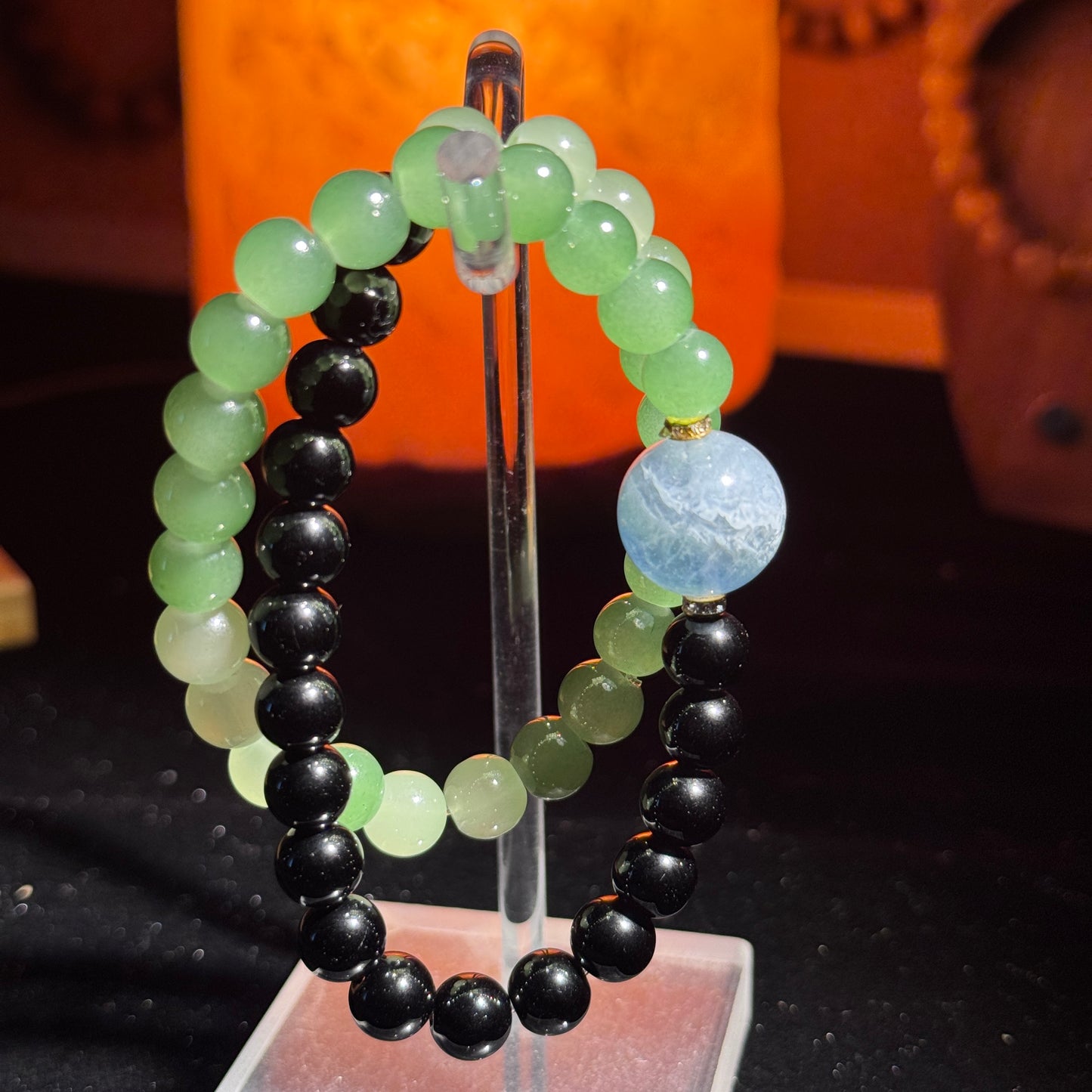 Bi Hai Zhao Cai - Lan Hai Lü Ying Natural Obsidian, Green Chalcedony, Aquamarine Double Bracelet Free shipping to USA and Japan Five Elements Prosperity - Constellation Guardian Crystal Bracelet