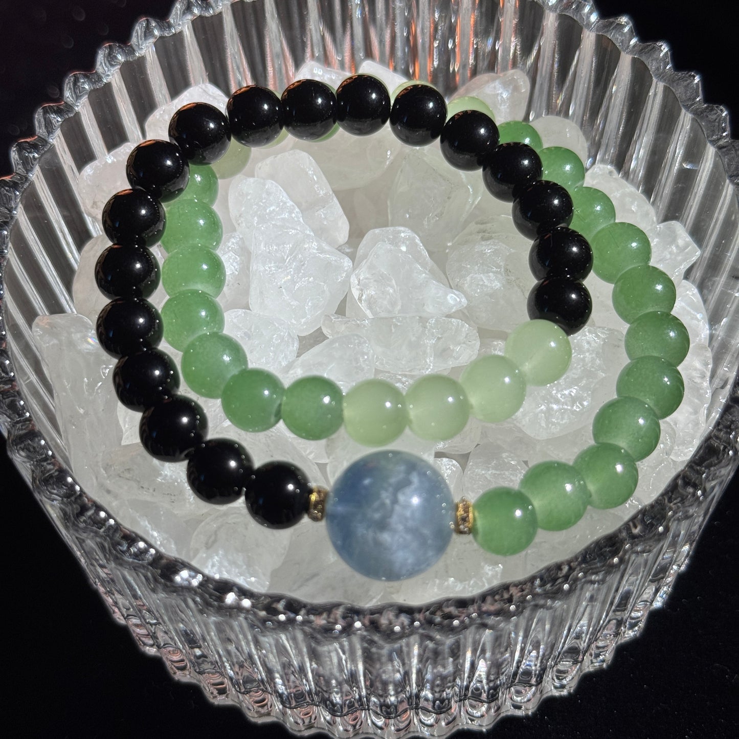 Bi Hai Zhao Cai - Lan Hai Lü Ying Natural Obsidian, Green Chalcedony, Aquamarine Double Bracelet Free shipping to USA and Japan Five Elements Prosperity - Constellation Guardian Crystal Bracelet