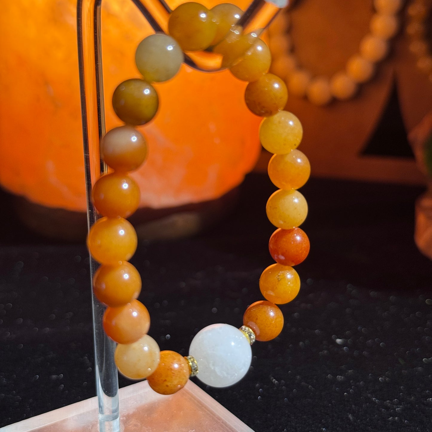 Kumquat Warm Sun Treasure Box Natural Orange Chalcedony & White Crystal Single Strand Bracelet Free Shipping to USA & Japan Five Elements Wealth Attraction, Warm Sun Luck, Healing Crystal Bracelet
