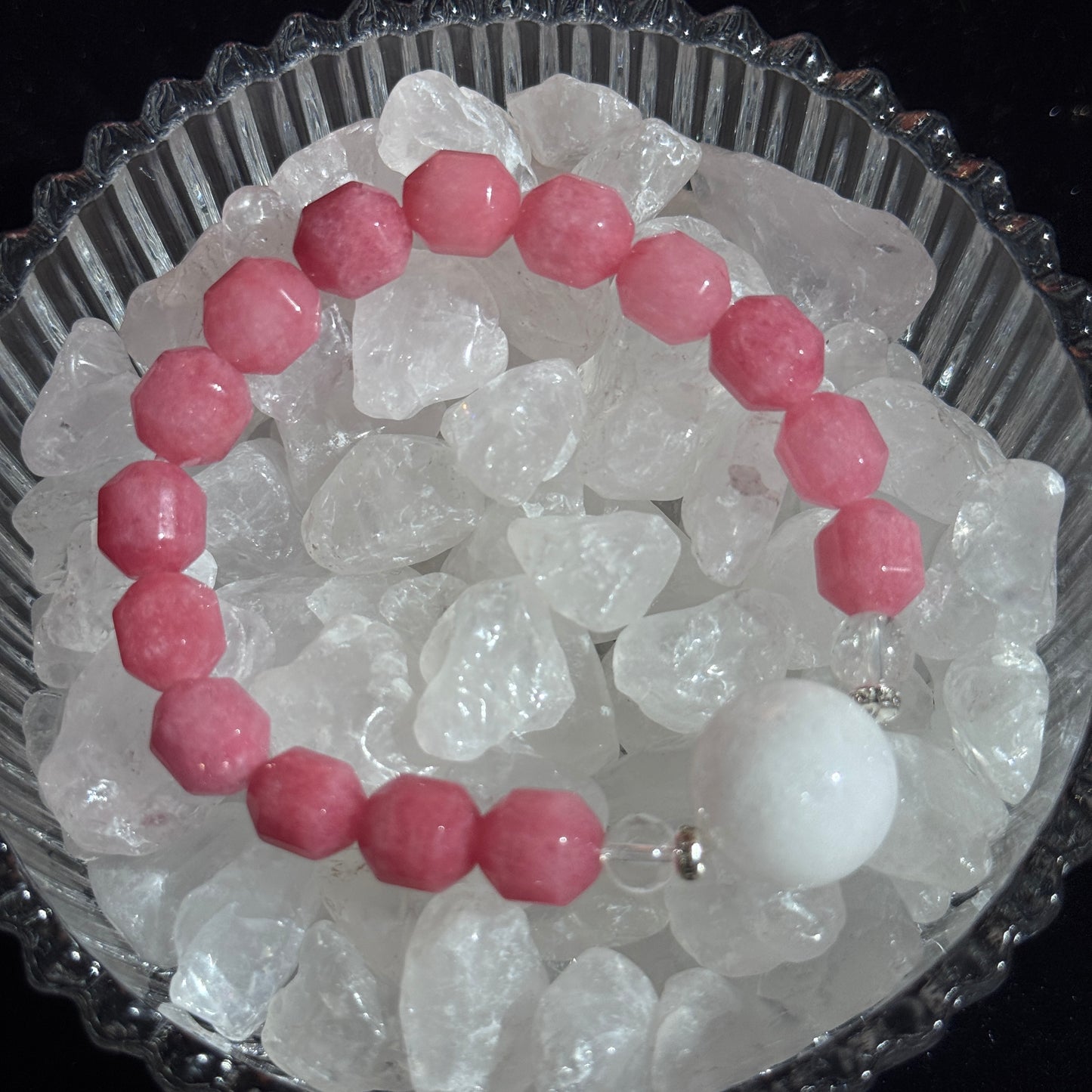 Pink Rose - Good Matchmaking Luck Natural Pink Agate and Crystal Single-Strand Bracelet - Free Shipping to USA & Japan - Relationship Building & Noble Person Attracting Crystal Bracelet