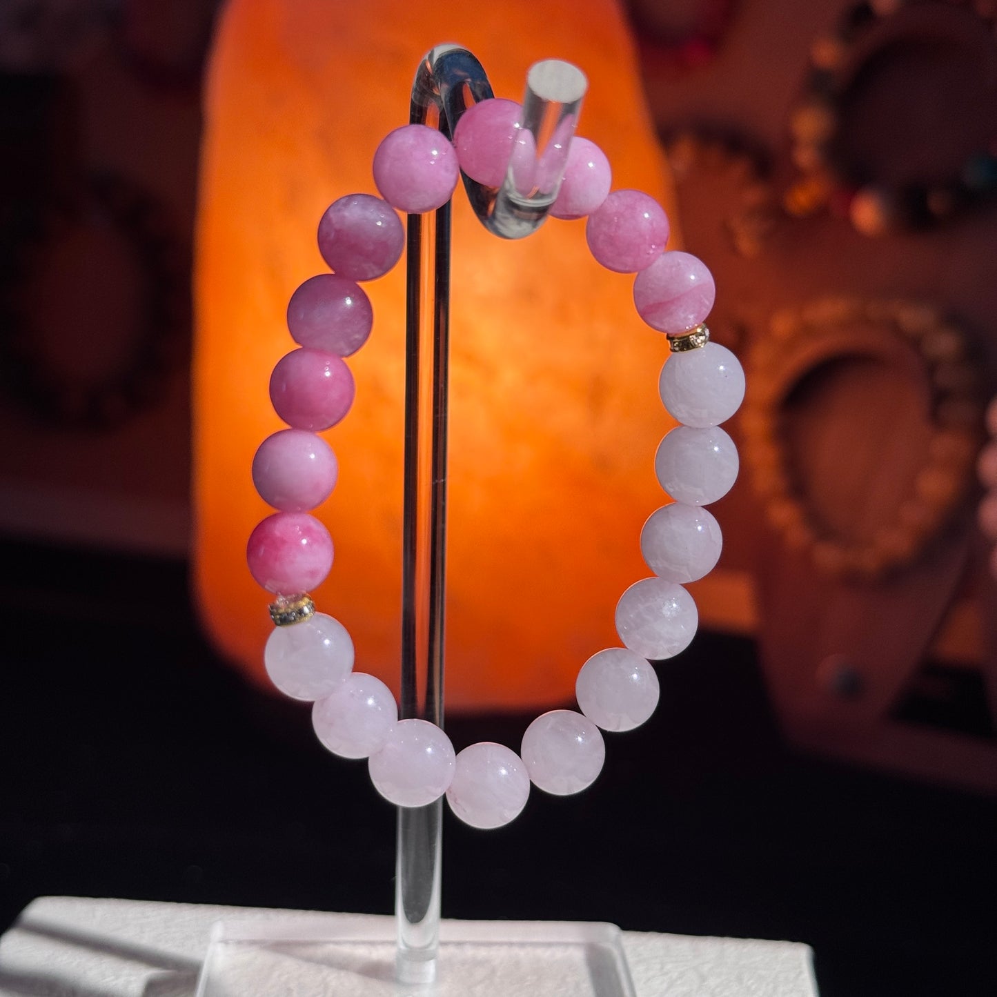 Cherry Blossom Pink Two-Tone Love Luck Natural Pink Agate & White Crystal Single Strand Bracelet - Free Shipping to the US & Japan - Matchmaking & Good Fortune Crystal Bracelet