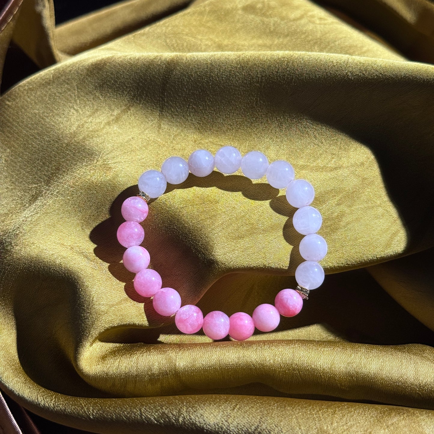 Cherry Blossom Pink Two-Tone Love Luck Natural Pink Agate & White Crystal Single Strand Bracelet - Free Shipping to the US & Japan - Matchmaking & Good Fortune Crystal Bracelet