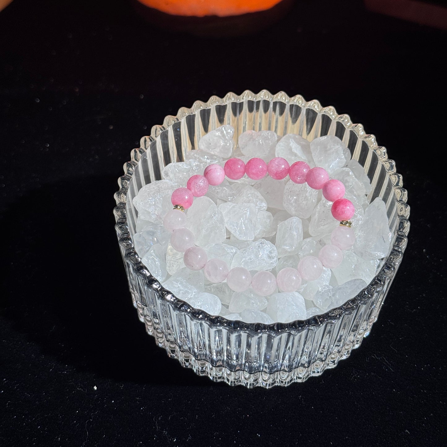 Cherry Blossom Pink Two-Tone Love Luck Natural Pink Agate & White Crystal Single Strand Bracelet - Free Shipping to the US & Japan - Matchmaking & Good Fortune Crystal Bracelet