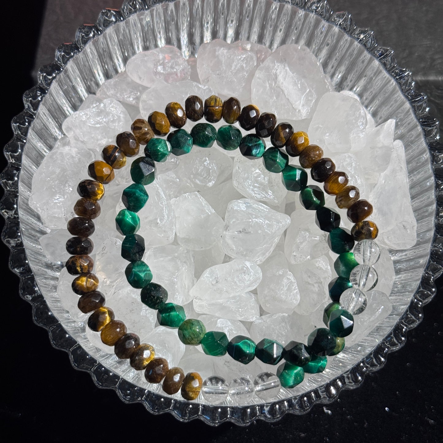 Ink Green Gold Luster Double-Wheel Cut Money-Drawing Natural Tiger's Eye/Green Tiger's Eye Double-Wheel Bracelet. Free shipping to USA and Japan. Five Elements Money Drawing/Business Luck Improvement Crystal Bracelet.