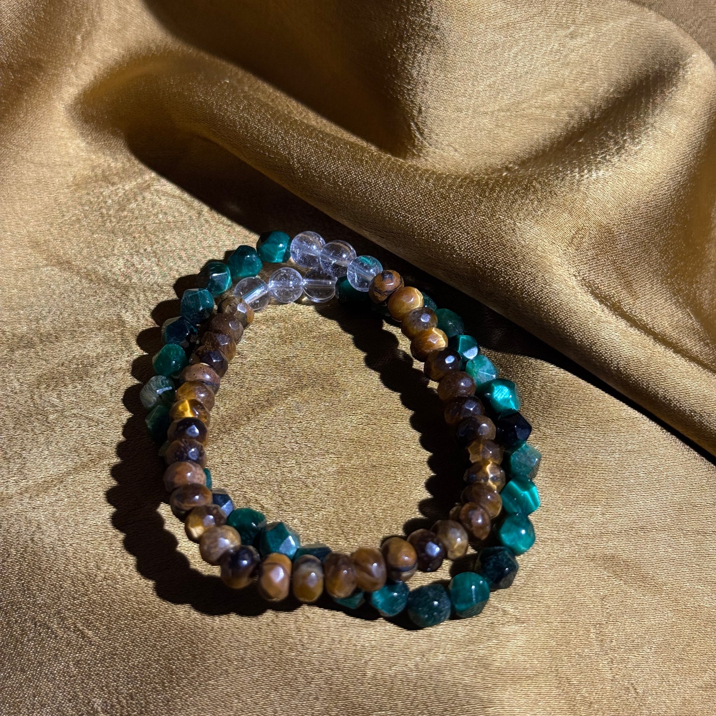 Ink Green Gold Luster Double-Wheel Cut Money-Drawing Natural Tiger's Eye/Green Tiger's Eye Double-Wheel Bracelet. Free shipping to USA and Japan. Five Elements Money Drawing/Business Luck Improvement Crystal Bracelet.