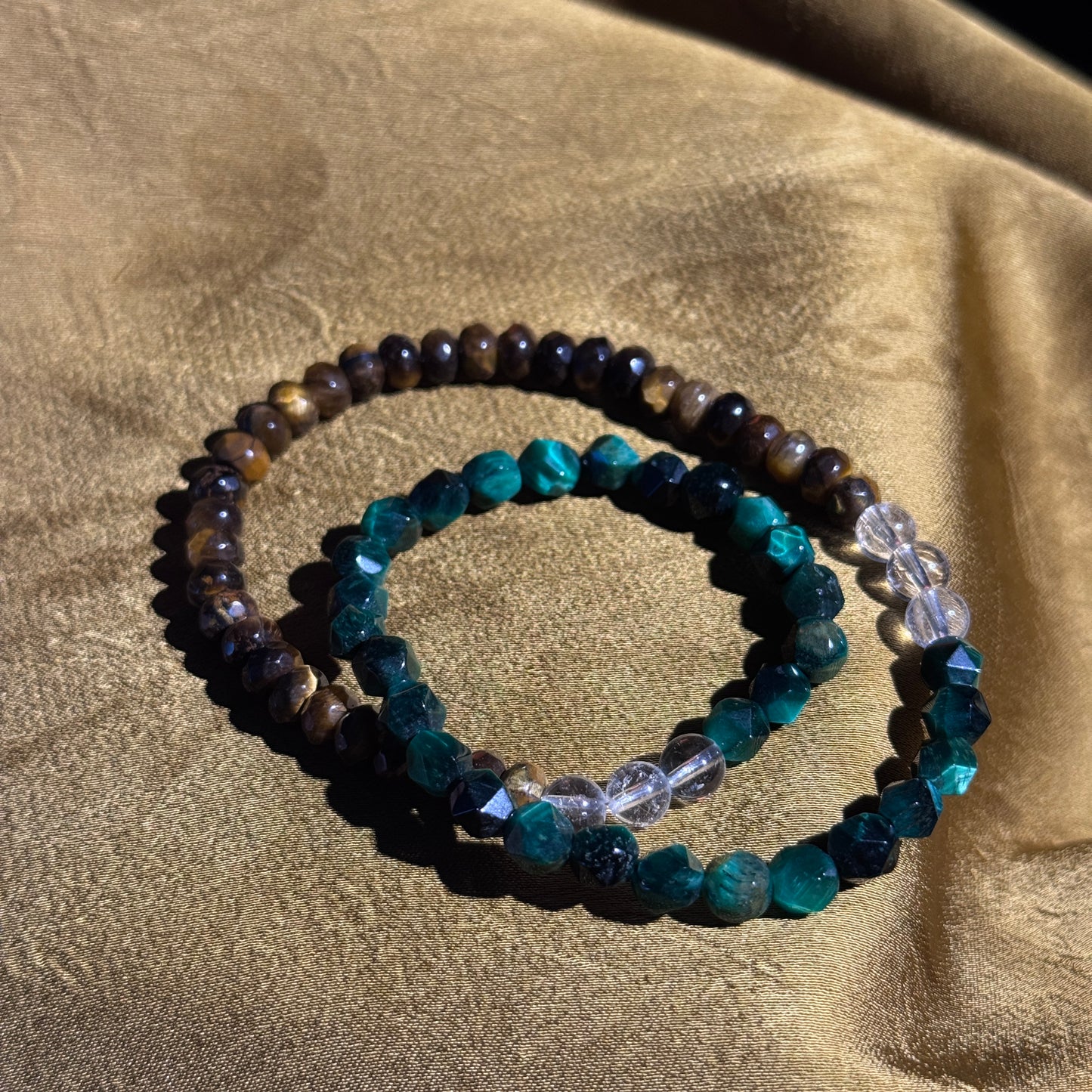 Ink Green Gold Luster Double-Wheel Cut Money-Drawing Natural Tiger's Eye/Green Tiger's Eye Double-Wheel Bracelet. Free shipping to USA and Japan. Five Elements Money Drawing/Business Luck Improvement Crystal Bracelet.