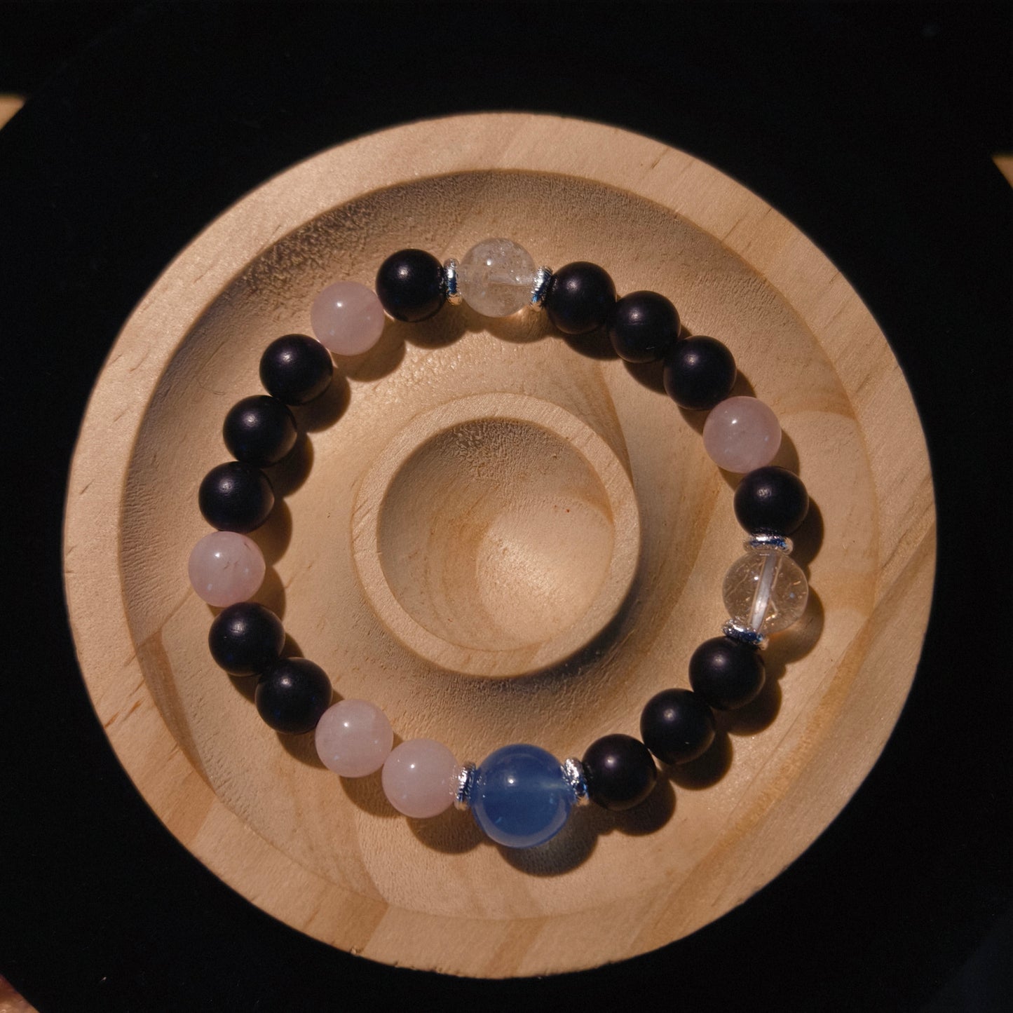 "Night Fog and Starlight" Ebony x Rose Quartz x Aquamarine Bracelet `#EbonyBracelet #RoseQuartzBracelet #AquamarineBracelet #CoolLovelyAccessory #GemstoneBracelet #HealingAccessory #CommuteAccessory #DailyAccessory #StudentAccessory #GiftRecommendation`