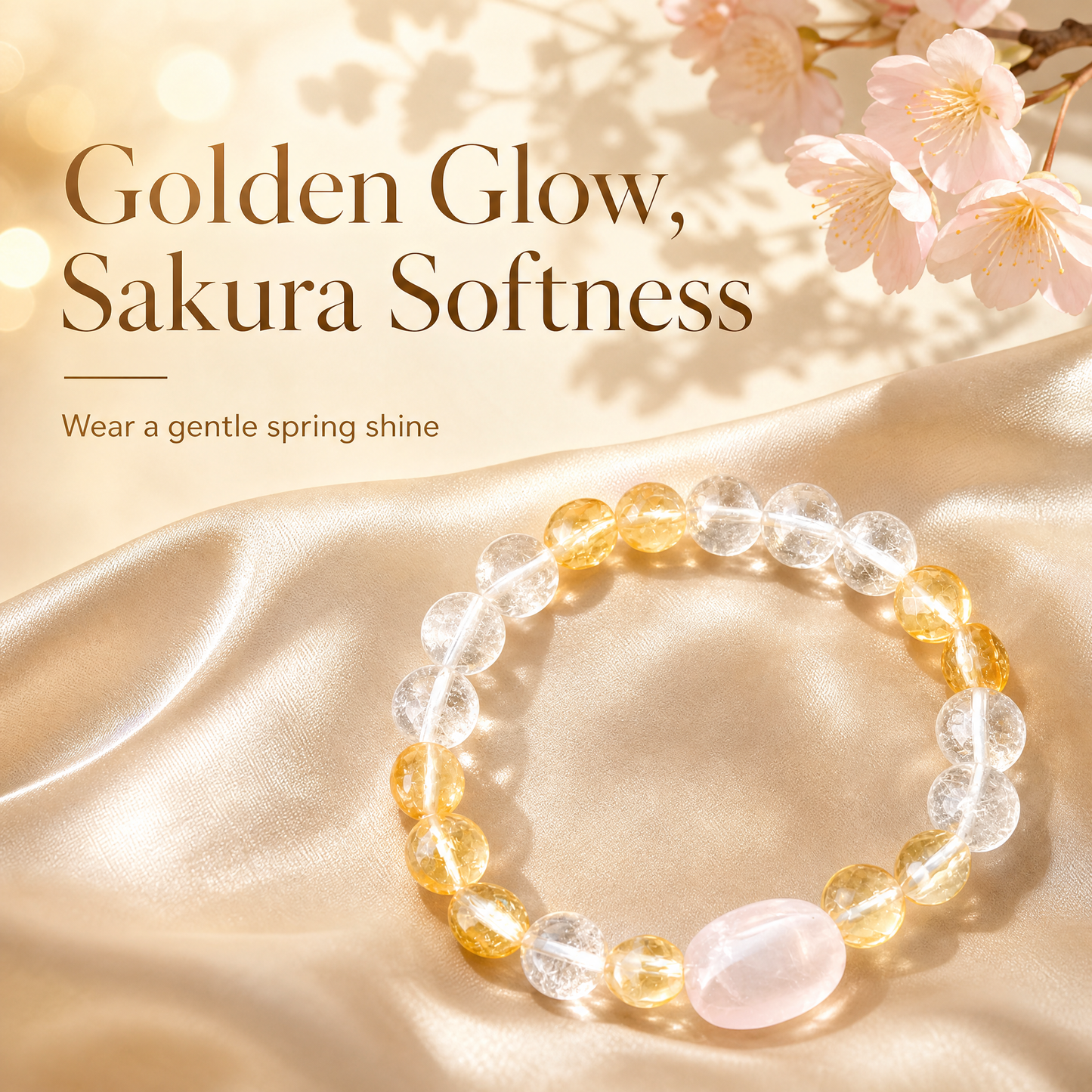 「金の光と桃の花」シトリン×クリスタル×ローズクォーツブレスレット