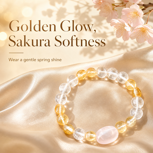 「金の光と桃の花」シトリン×クリスタル×ローズクォーツブレスレット