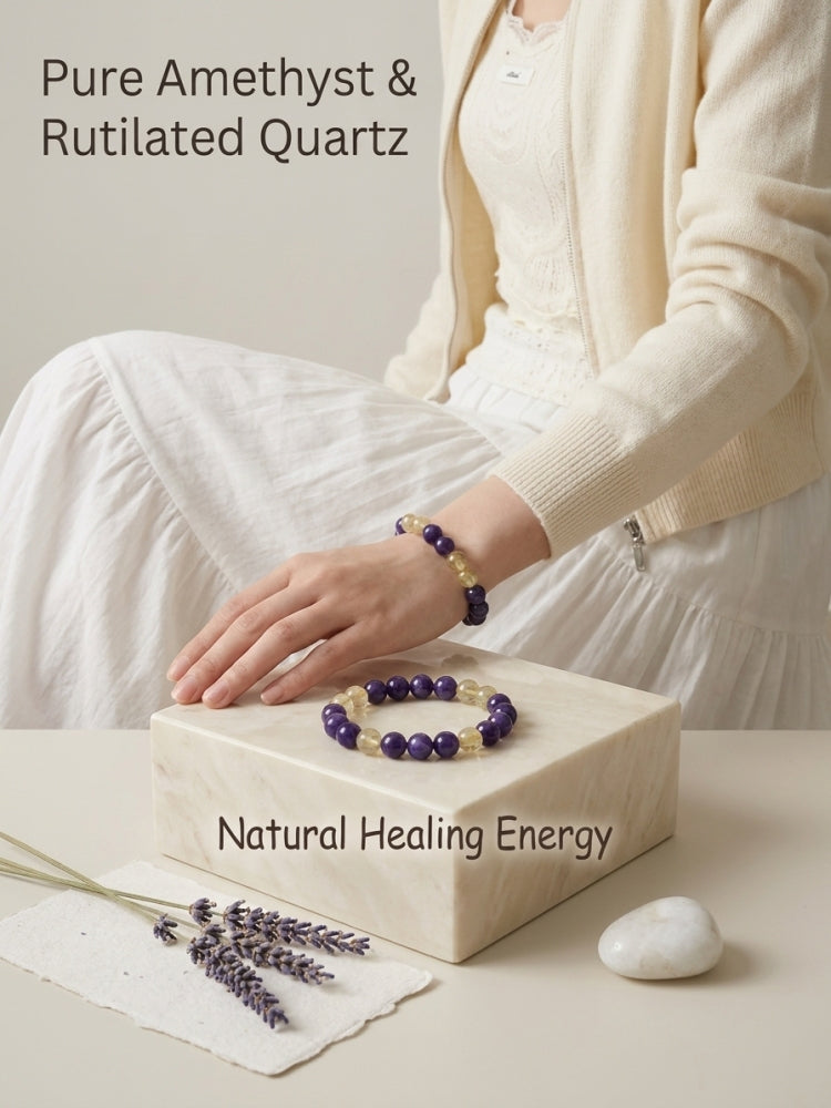 "Purple Aura and Golden Light" Amethyst x Rutilated Quartz Bracelet