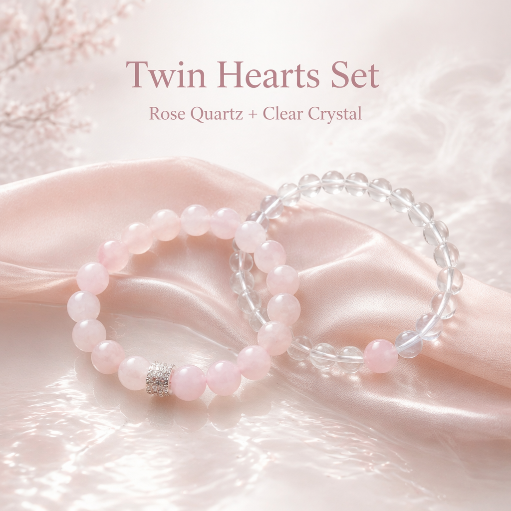 "Double Pink Heart" Rose Quartz x Crystal Bracelet Set