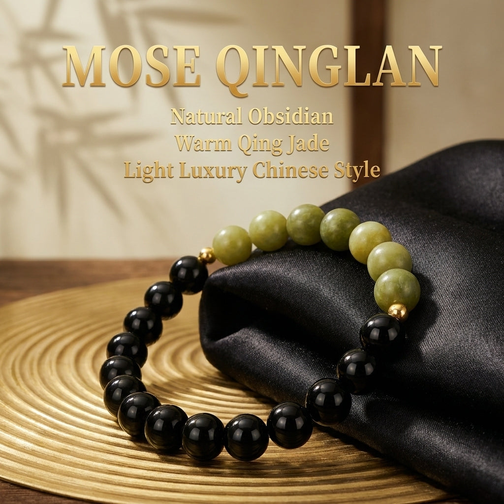 "Ink-Blue Wind" Obsidian x Jadeite Bracelet