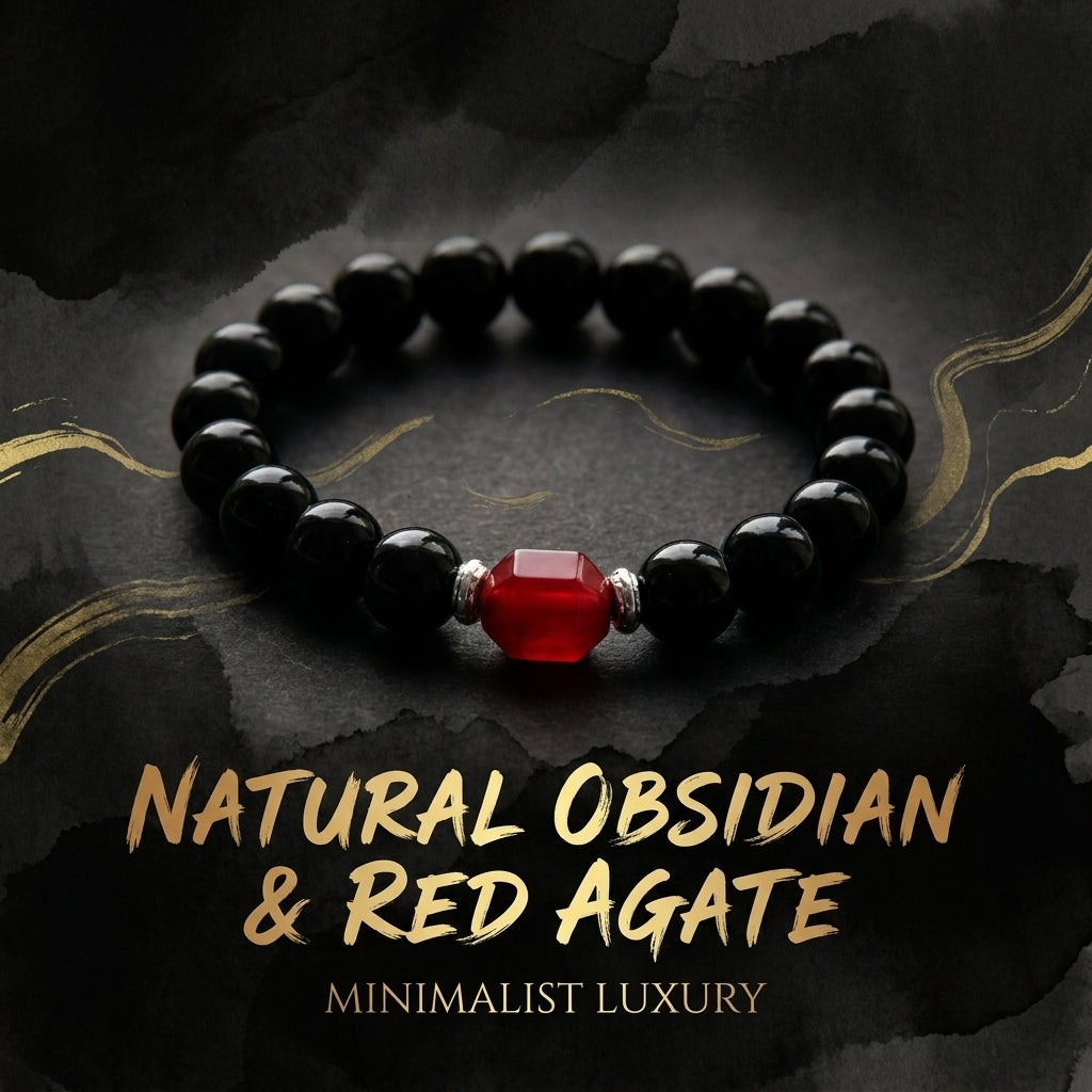 "Ink-Black Vermilion" Obsidian x Red Agate Bracelet