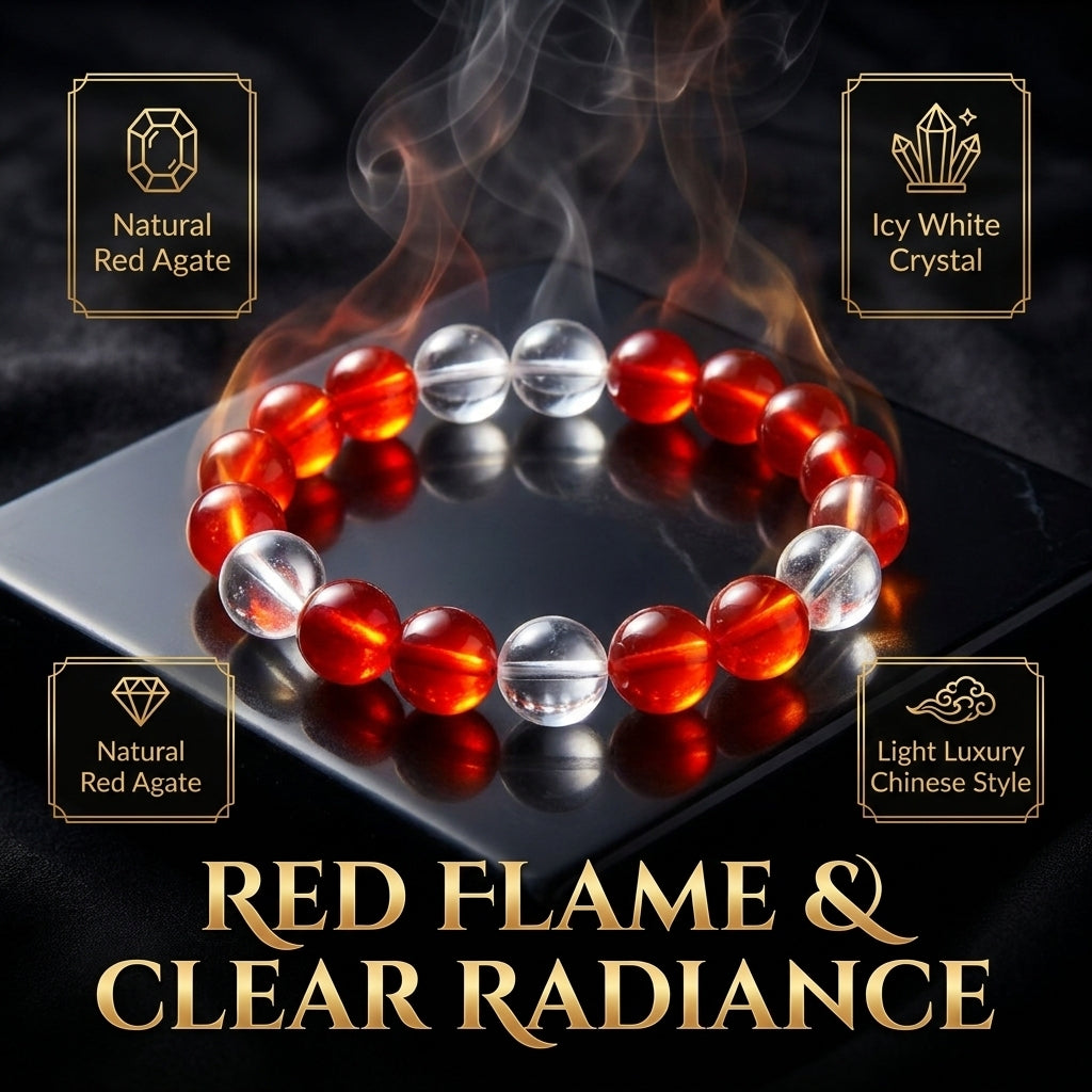 "Red Flame and White Radiance" Red Agate x Crystal Bracelet