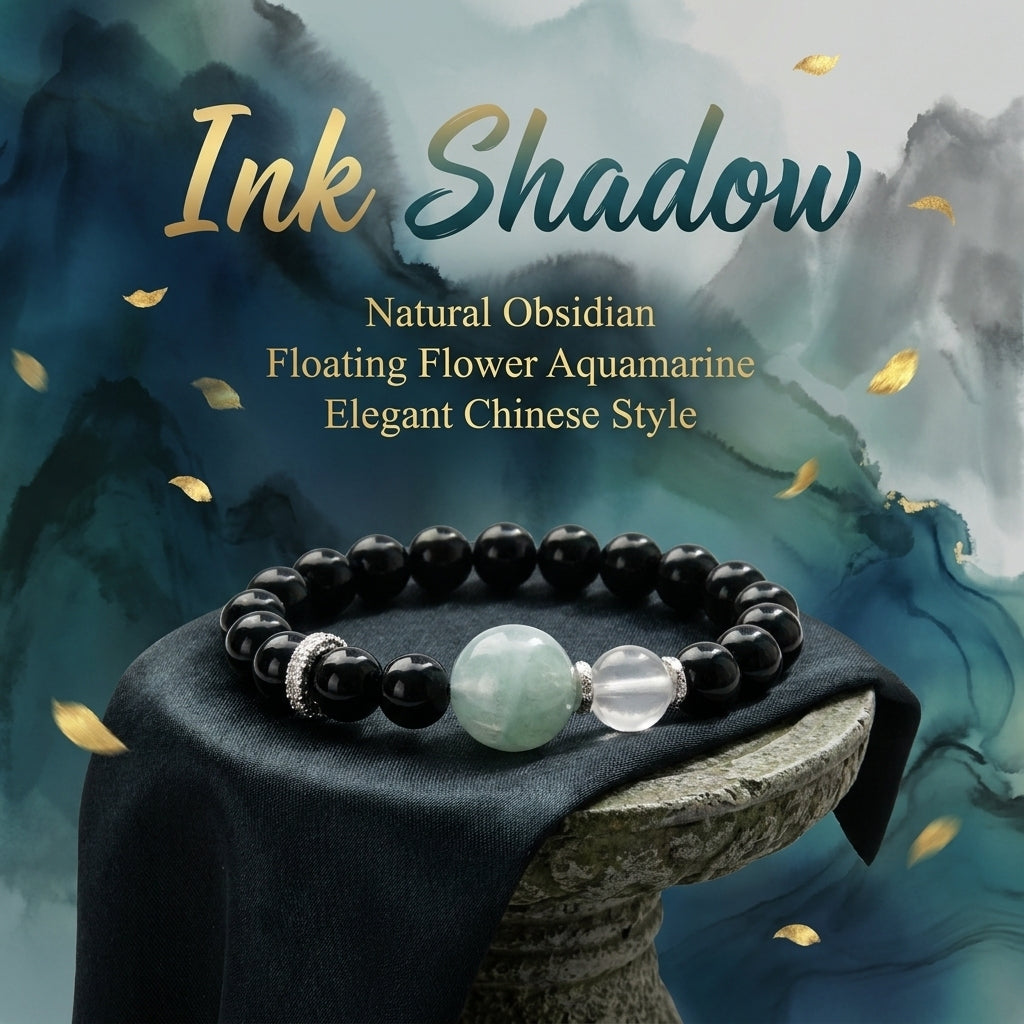 "Ink-colored Cloud Shadow" Obsidian x Aquamarine x Crystal Bracelet