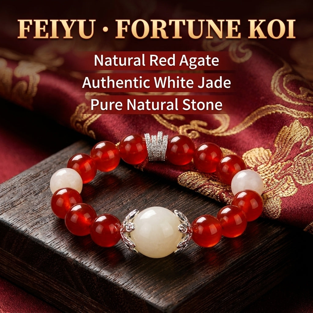 "Lucky Carp" Red Agate & White Jade Bracelet