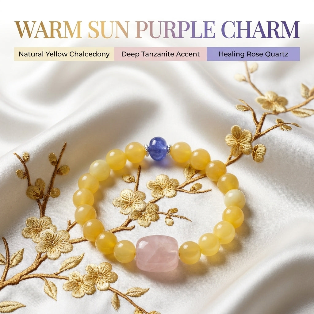 "Sun's Glow and Purple Rhyme" Yellow Chalcedony, Tanzanite, and Rose Quartz Bracelet