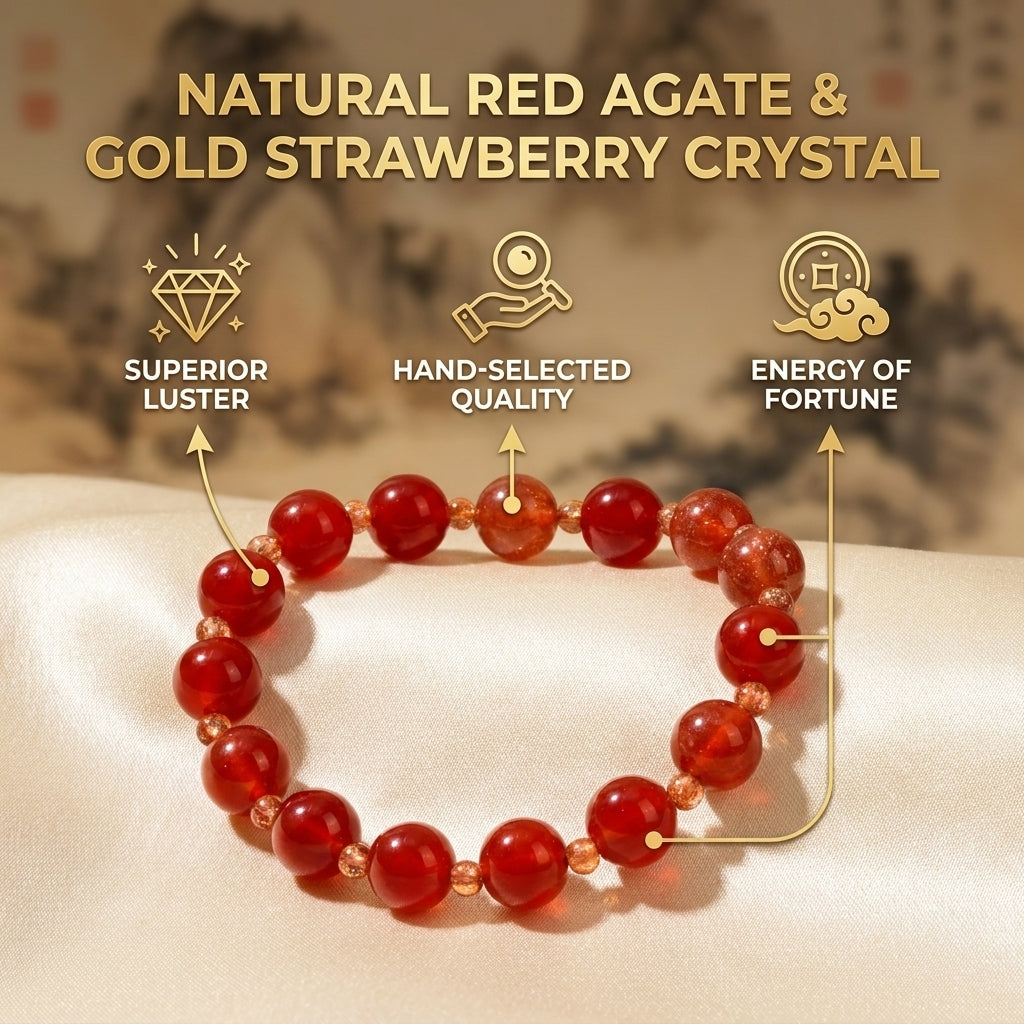 "Flaming Fortune" Red Agate x Gold Strawberry Quartz Bracelet ("Flaming Fortune" Red Agate x Gold Strawberry Quartz Bracelet｜Natural Stones for Vitality and Financial Luck)