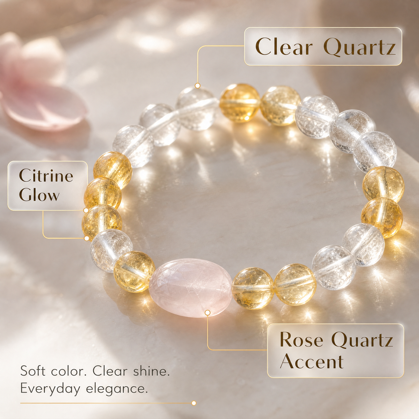 「金の光と桃の花」シトリン×クリスタル×ローズクォーツブレスレット