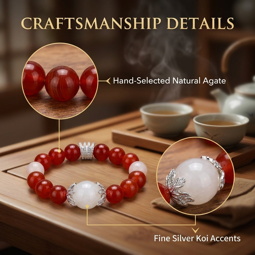 "Lucky Carp" Red Agate & White Jade Bracelet