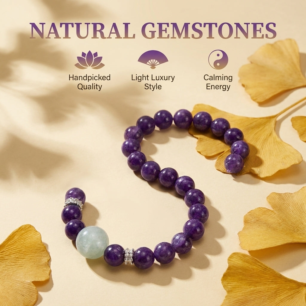 "Pure Radiance of Purple Mist" Lithiophilite x Aquamarine Bracelet