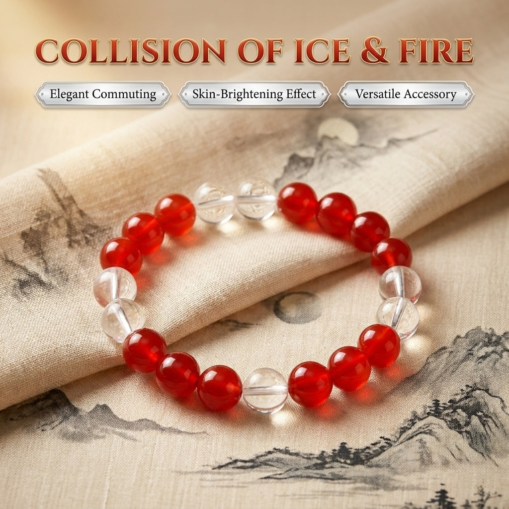 "Red Flame and White Radiance" Red Agate x Crystal Bracelet