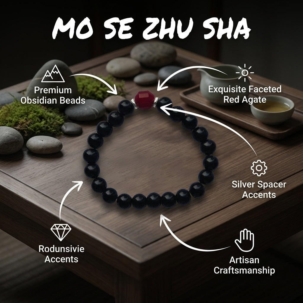 "Ink-Black Vermilion" Obsidian x Red Agate Bracelet