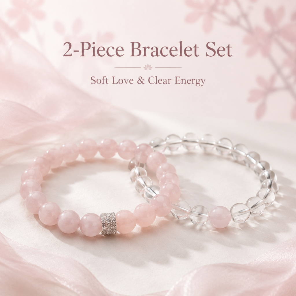 "Double Pink Heart" Rose Quartz x Crystal Bracelet Set