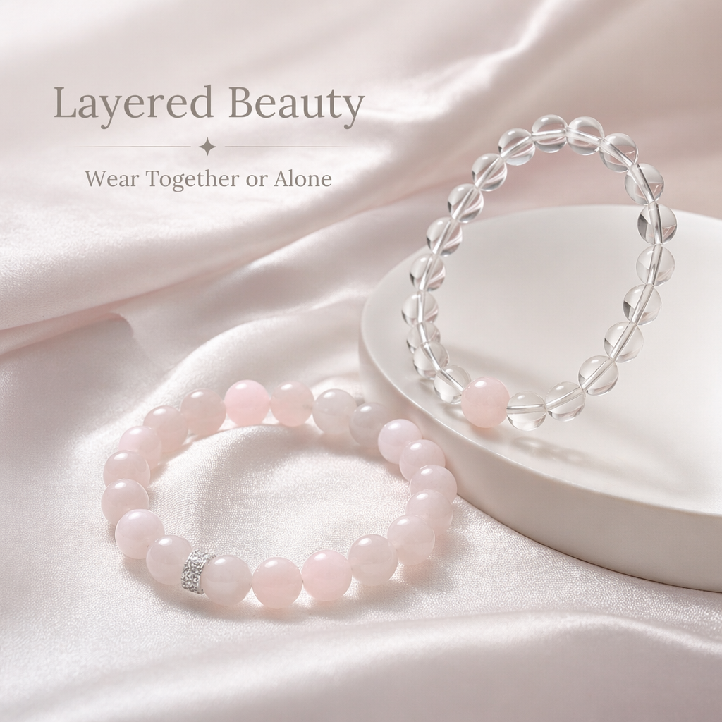 "Double Pink Heart" Rose Quartz x Crystal Bracelet Set