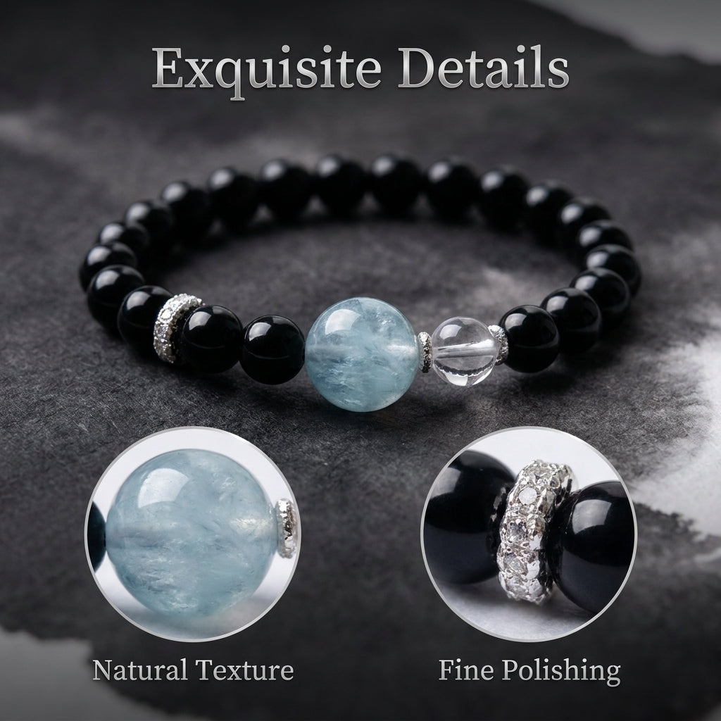 "Ink-colored Cloud Shadow" Obsidian x Aquamarine x Crystal Bracelet