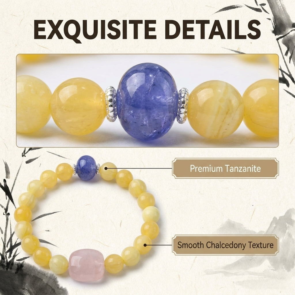 "Sun's Glow and Purple Rhyme" Yellow Chalcedony, Tanzanite, and Rose Quartz Bracelet