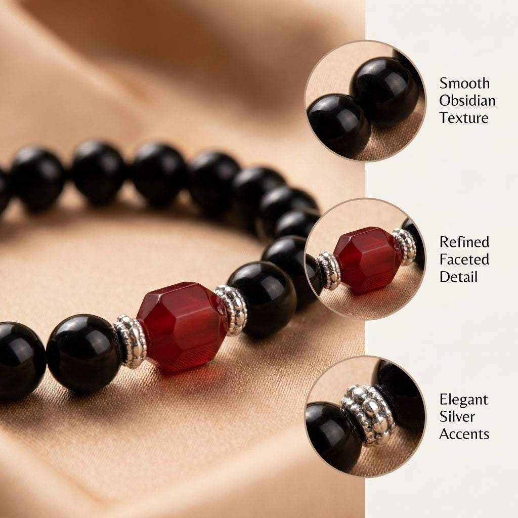 "Ink-Black Vermilion" Obsidian x Red Agate Bracelet