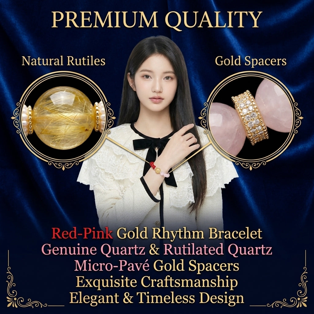 "Rhyme of Red and Pink Gold" Red Agate x Rose Quartz x Rutilated Quartz Bracelet