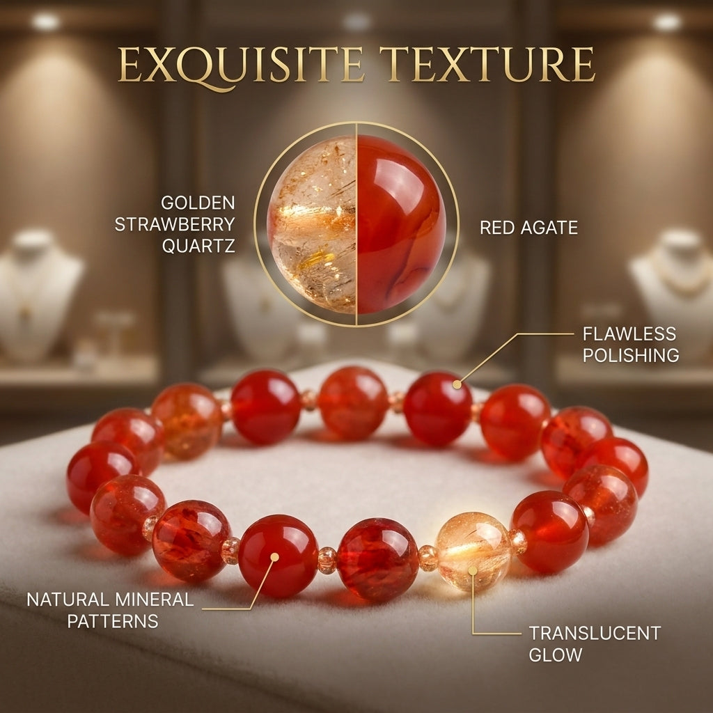 "Flaming Fortune" Red Agate x Gold Strawberry Quartz Bracelet ("Flaming Fortune" Red Agate x Gold Strawberry Quartz Bracelet｜Natural Stones for Vitality and Financial Luck)