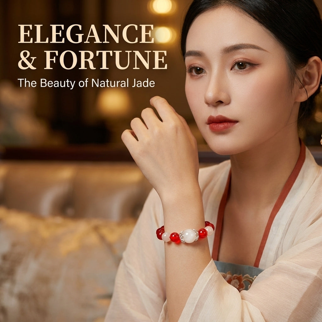 "Lucky Carp" Red Agate & White Jade Bracelet