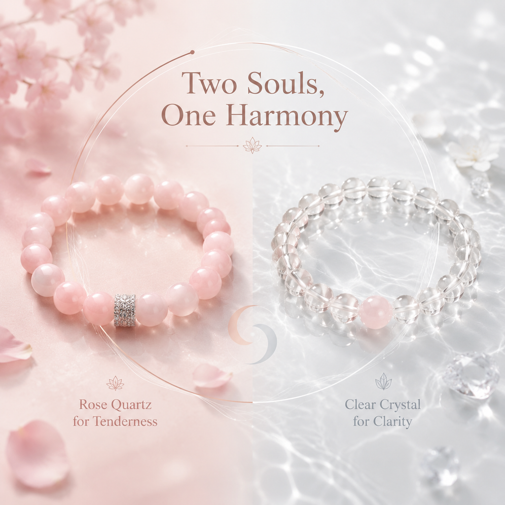 "Double Pink Heart" Rose Quartz x Crystal Bracelet Set