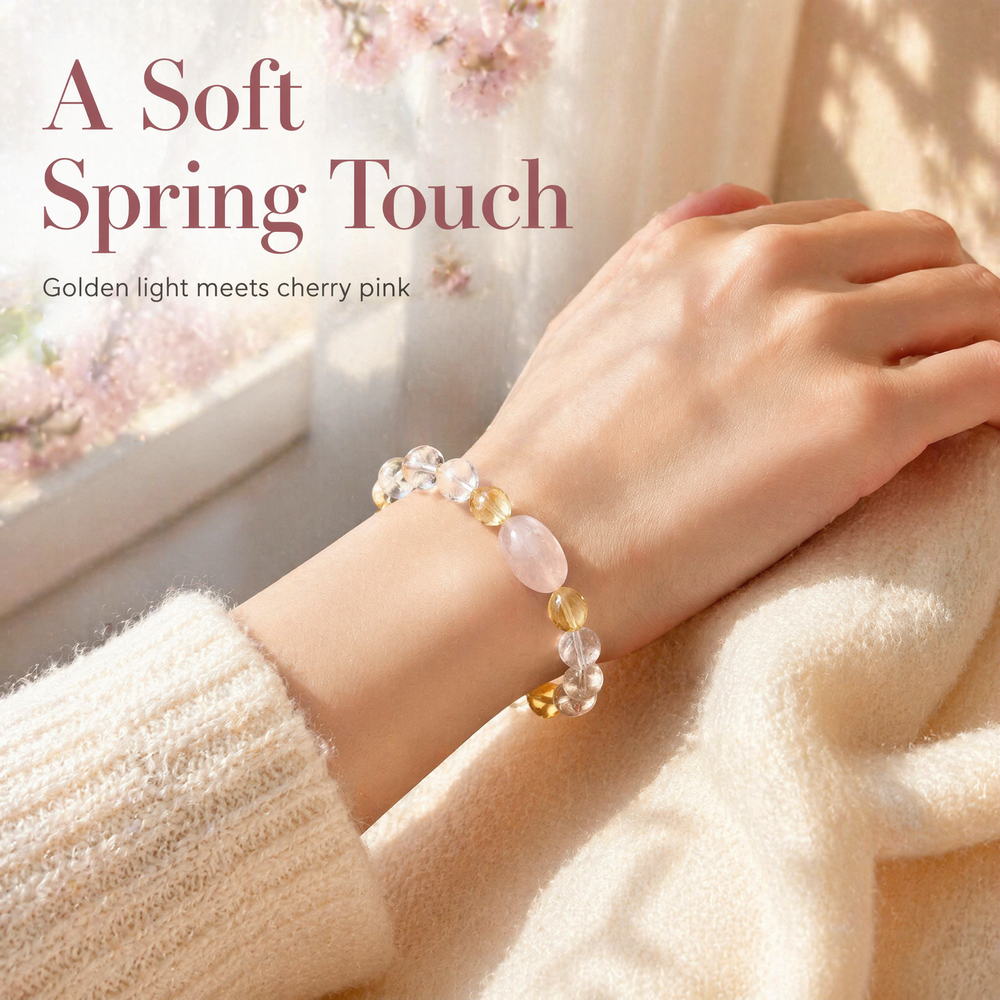 「金の光と桃の花」シトリン×クリスタル×ローズクォーツブレスレット