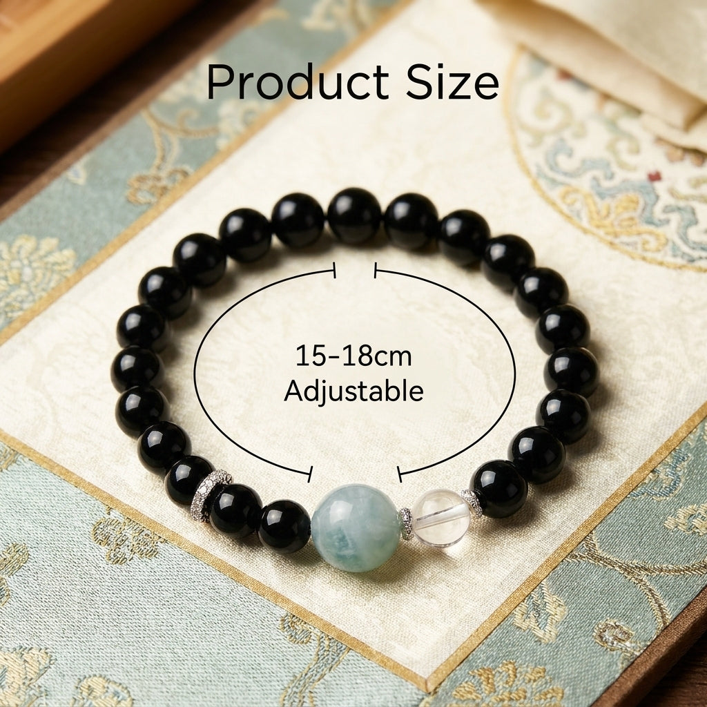 "Ink-colored Cloud Shadow" Obsidian x Aquamarine x Crystal Bracelet