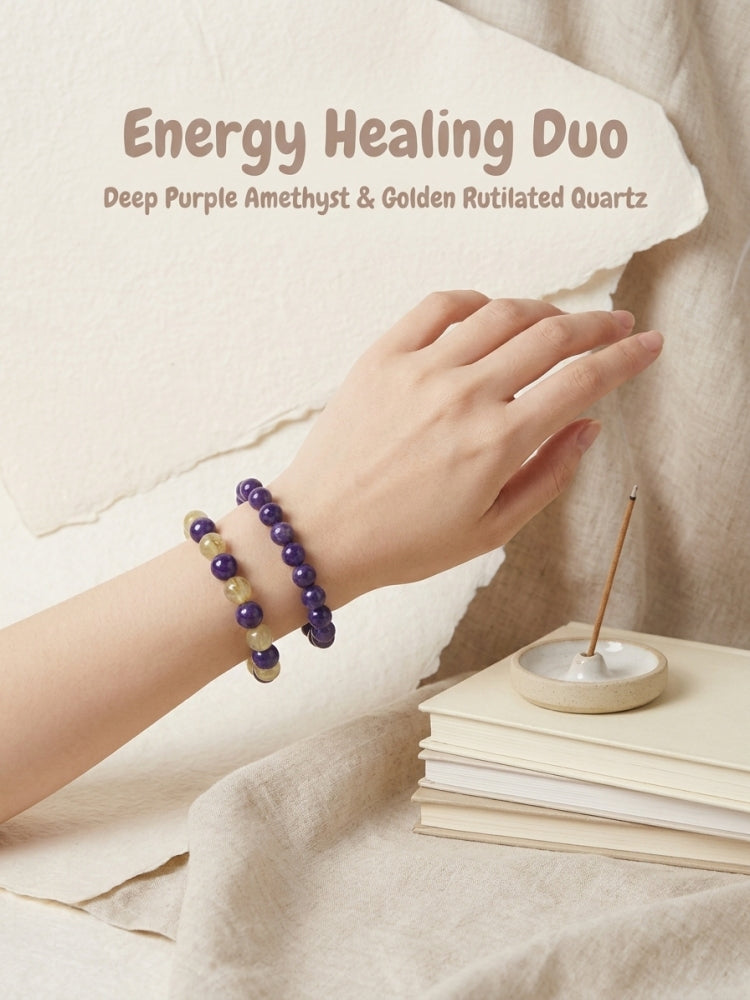 "Purple Aura and Golden Light" Amethyst x Rutilated Quartz Bracelet